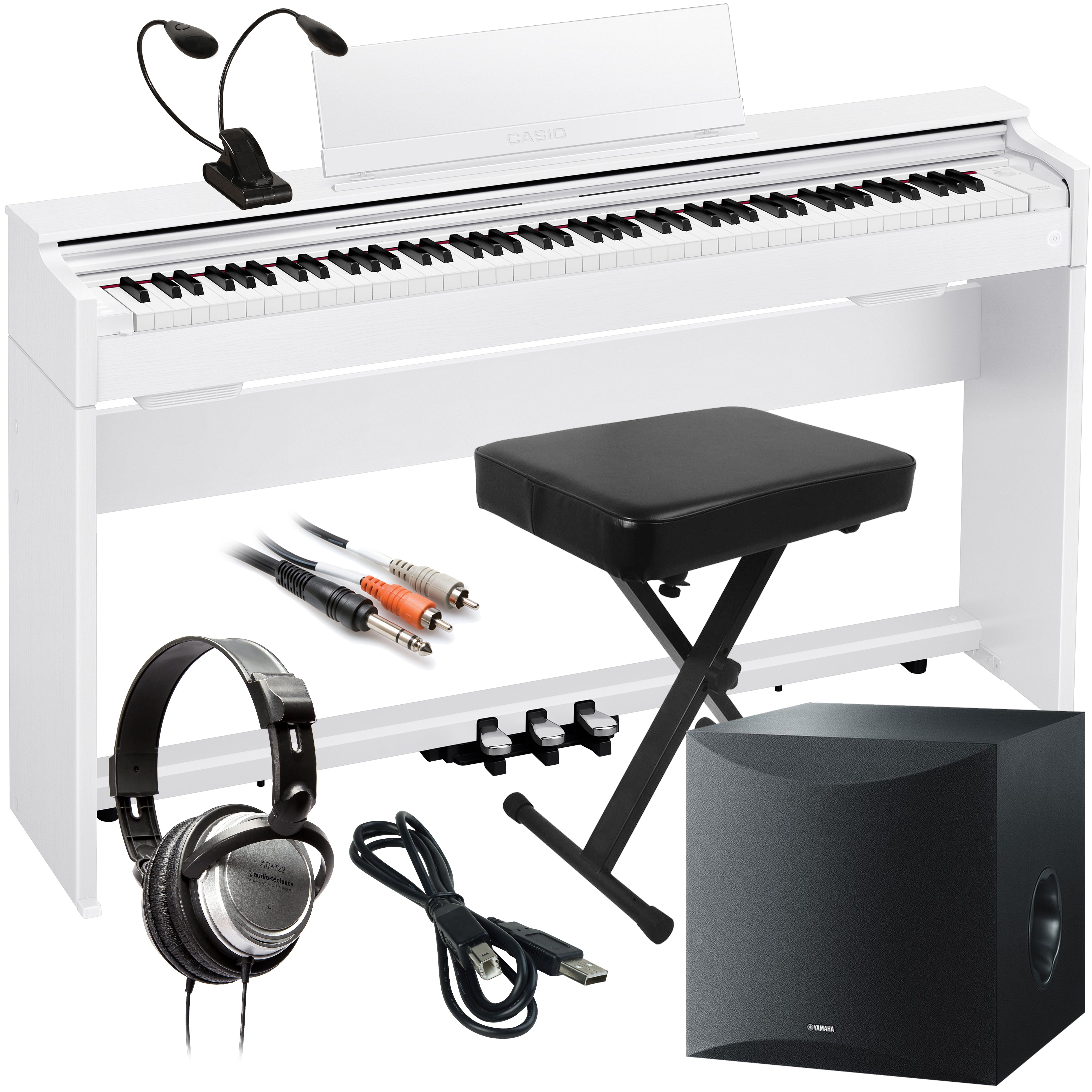 Collage of items included in the Casio Celviano AP-S200 Digital Piano - White COMPLETE HOME BUNDLE PLUS