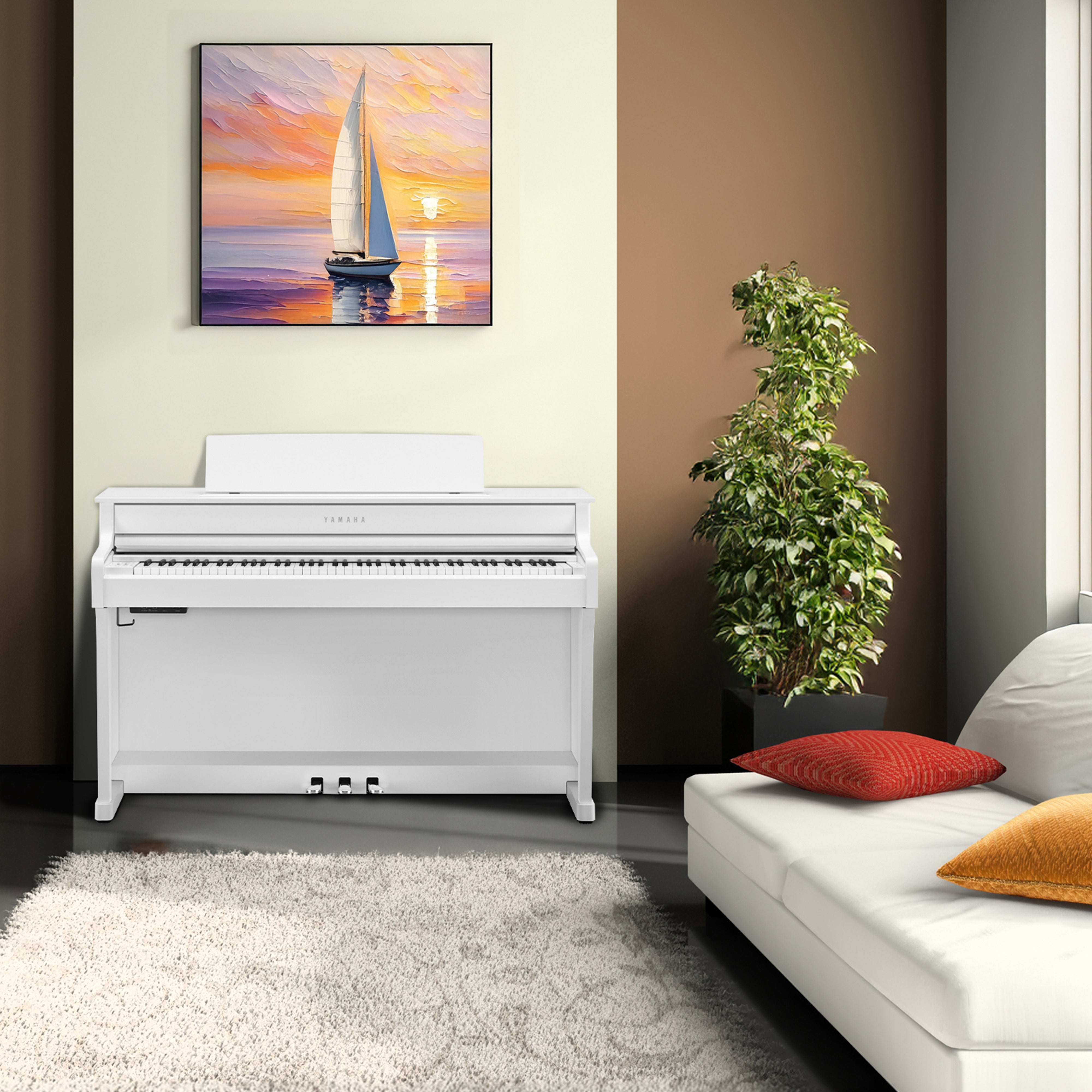 Yamaha Clavinova CLP-845 Digital Piano - Matte White in a stylish living space