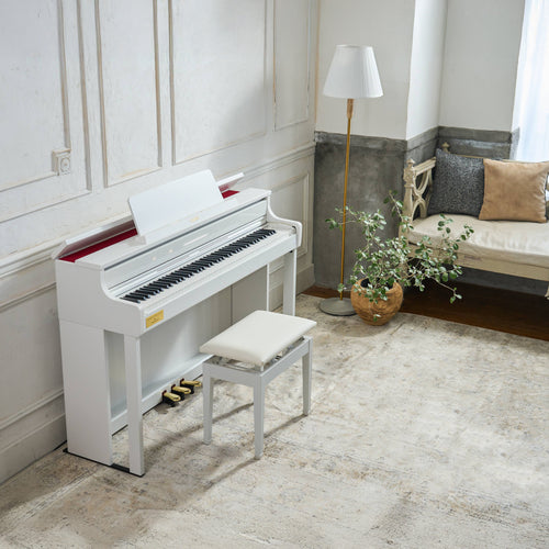 Casio Celviano AP-750 Digital Piano - White in a room with a bench and decorative elements