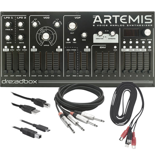 Collage showing components in Dreadbox Artemis Desktop 6-Voice Analog Synthesizer CABLE KIT