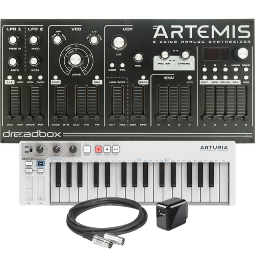 Collage showing components in Dreadbox Artemis Desktop 6-Voice Analog Synthesizer CONTROLLER RIG