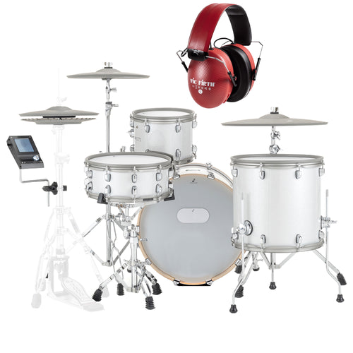 Collage of the components in the EFNOTE 7 Electronic Drum Set - White Sparkle BONUS PAK bundle