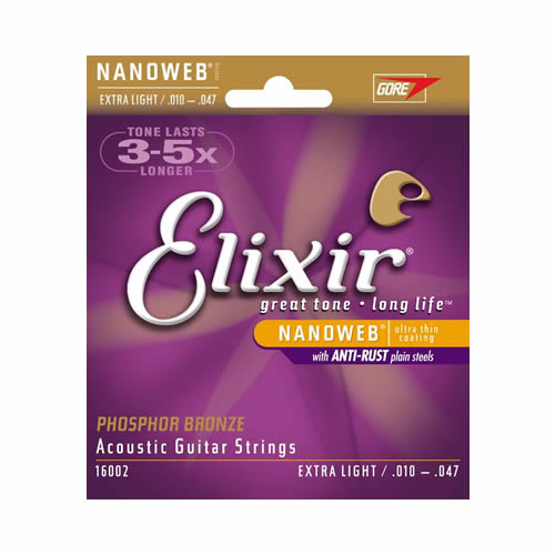 elixir 16002 phosphor bronze nanoweb coating acoustic guitar strings - extra light 