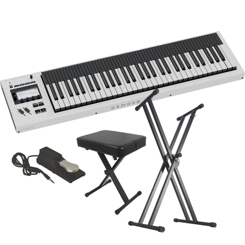 Collage showing components in Expressive E Osmose CE 61-Key MPE MIDI Controller KEY ESSENTIALS BUNDLE