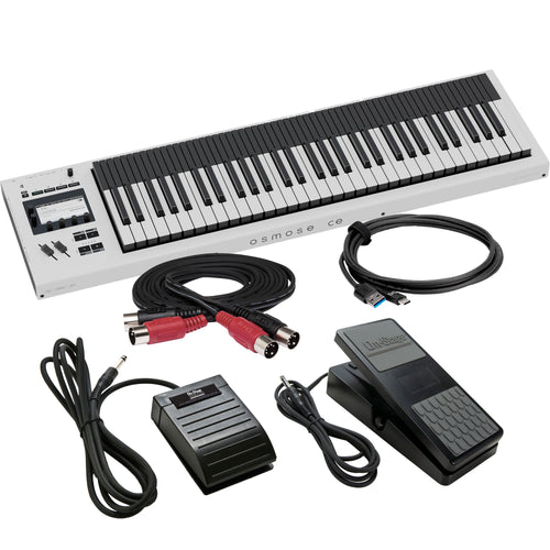 Collage showing components in Expressive E Osmose CE 61-Key MPE MIDI Controller STUDIO KIT