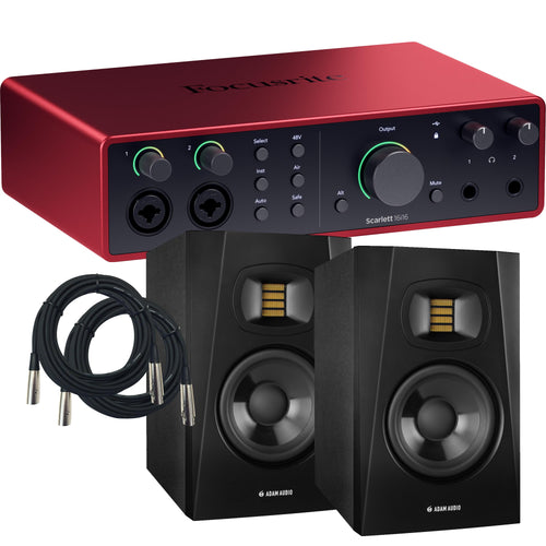 Collage showing components in Focusrite Scarlett 16i16 (4th Gen) USB Audio Interface STUDIO RIG