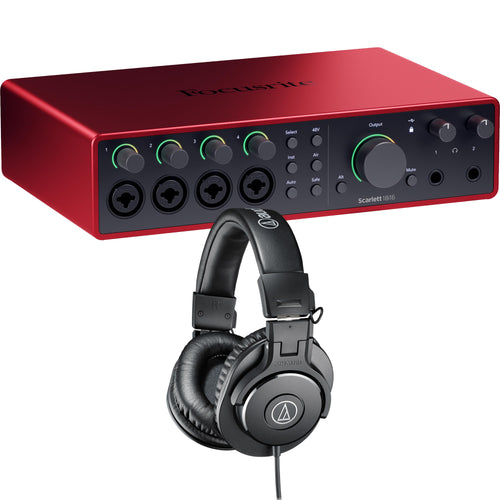Collage showing components in Focusrite Scarlett 18i16 (4th Gen) USB Audio Interface STUDIO KIT