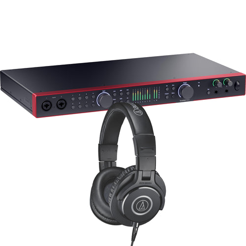 Collage showing components in Focusrite Scarlett 18i20 (4th Gen) USB Audio Interface STUDIO KIT