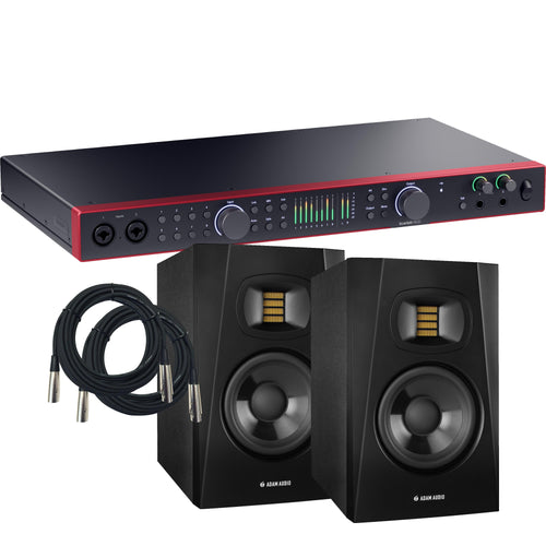 Collage showing components in Focusrite Scarlett 18i20 (4th Gen) USB Audio Interface STUDIO RIG