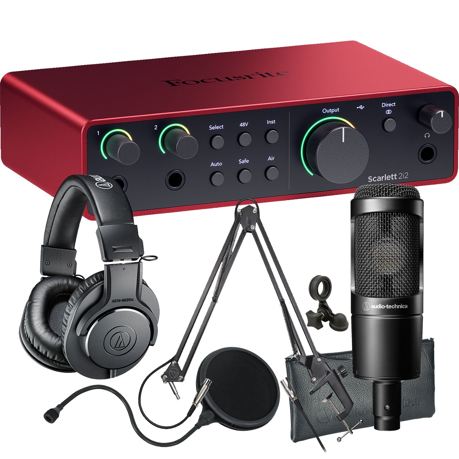 Collage showing components in Focusrite Scarlett 2i2 (4th Gen) USB Audio Interface PODCASTING PAK