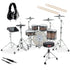 Collage of everything included in the GEWA G9 Pro 5 SE Electronic Drum Set - Walnut Burst DRUM ESSENTIALS BUNDLE