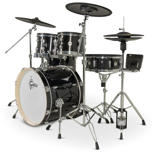 Gretsch Catalina EVO 5-piece electronic drum kit in Black Sparkle, drummer's view with hi-hat stand and bass drum pedal