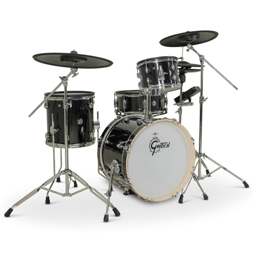 Gretsch Catalina EVO 4-piece electronic drum kit in Black Sparkle, front left three-quarter view
