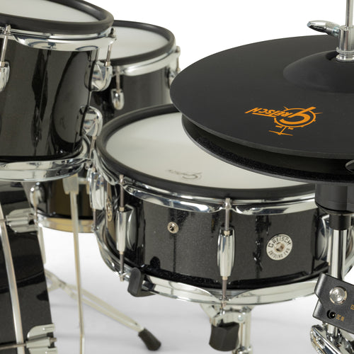 Gretsch Catalina EVO hi-hat over Black Sparkle snare pad, with drum module USB-C and DC inputs