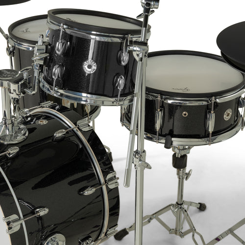 Gretsch Catalina EVO Black Sparkle rack tom, snare and 18" bass drum with chrome tom mount