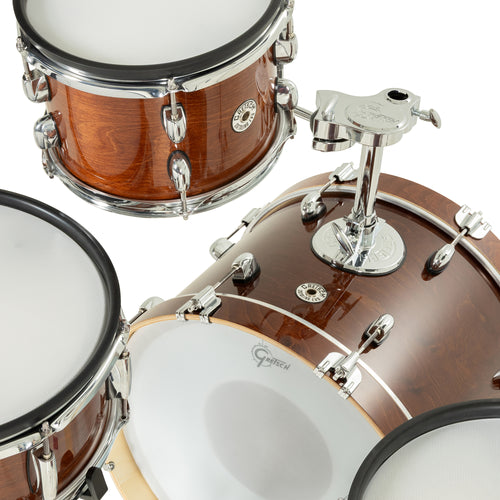 Overhead view of Gretsch Catalina EVO Walnut Glaze rack tom, tom mount and mesh heads