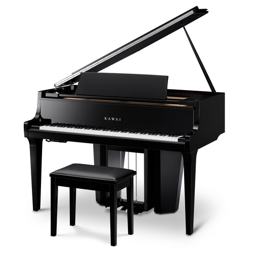Kawai NOVUS NV12 Hybrid Grand Piano - Ebony Polish - Angle View with Lid Open and Included Bench