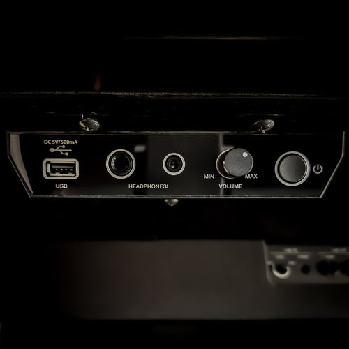 Kawai NOVUS NV6 Hybrid Upright Piano power and volume controls with headphone and USB jacks