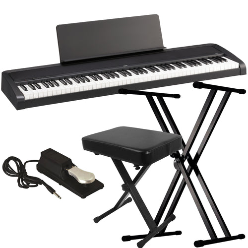 Collage showing items included in the Korg B2+ Plus Digital Piano - Black KEY ESSENTIALS BUNDLE