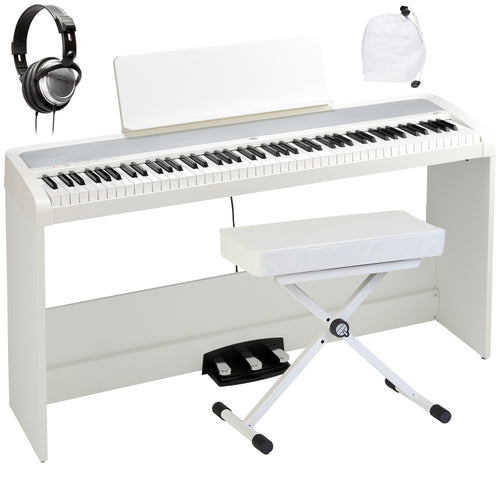 Collage showing items included in the Korg B2+ Plus Digital Piano with Stand and Pedals - White COMPLETE HOME BUNDLE