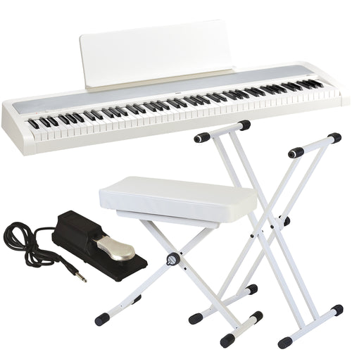 Collage of items included in the Korg B2+ Plus Digital Piano - White KEY ESSENTIALS BUNDLE