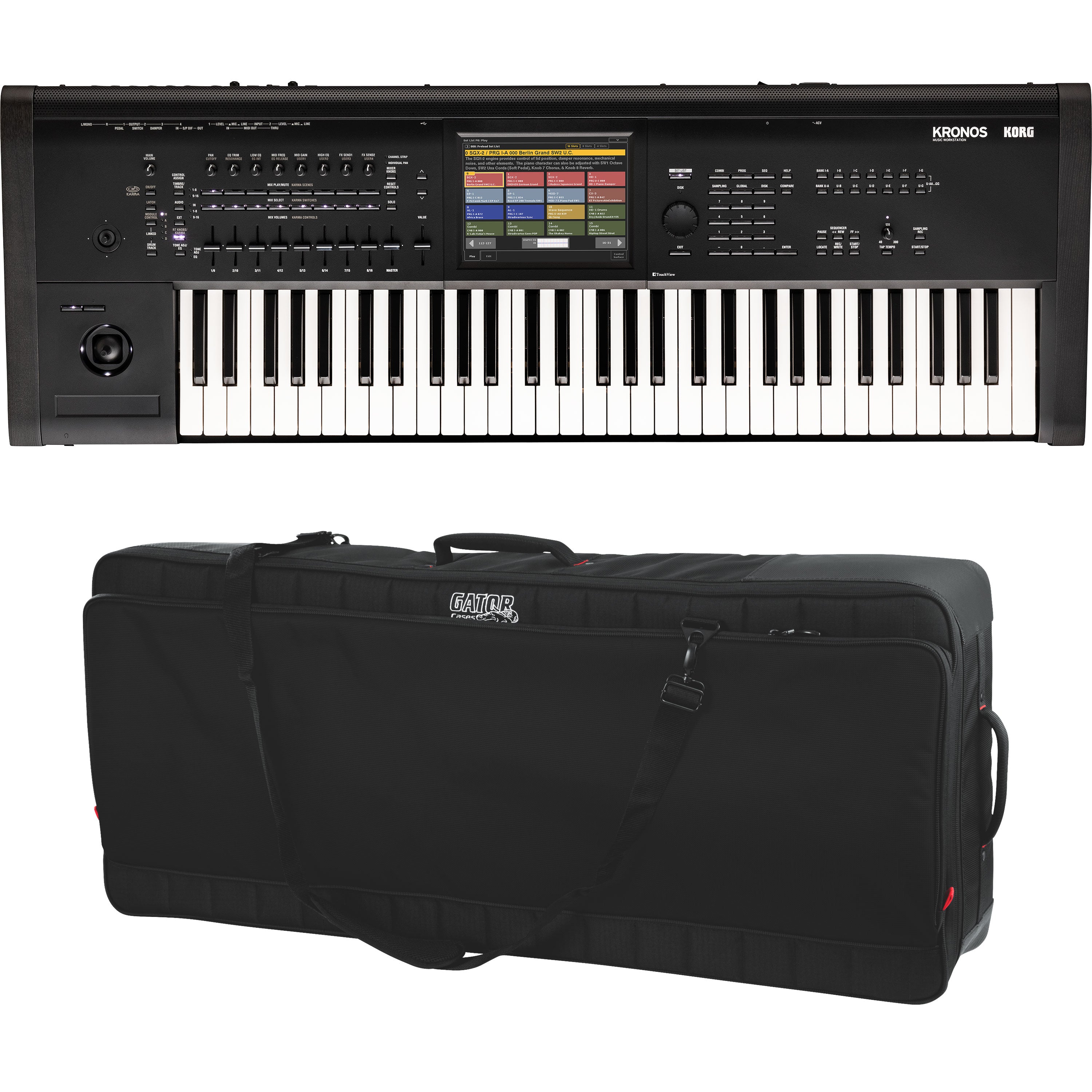 Collage showing components in Korg Kronos 3 61-Key Music Workstation CARRY BAG KIT
