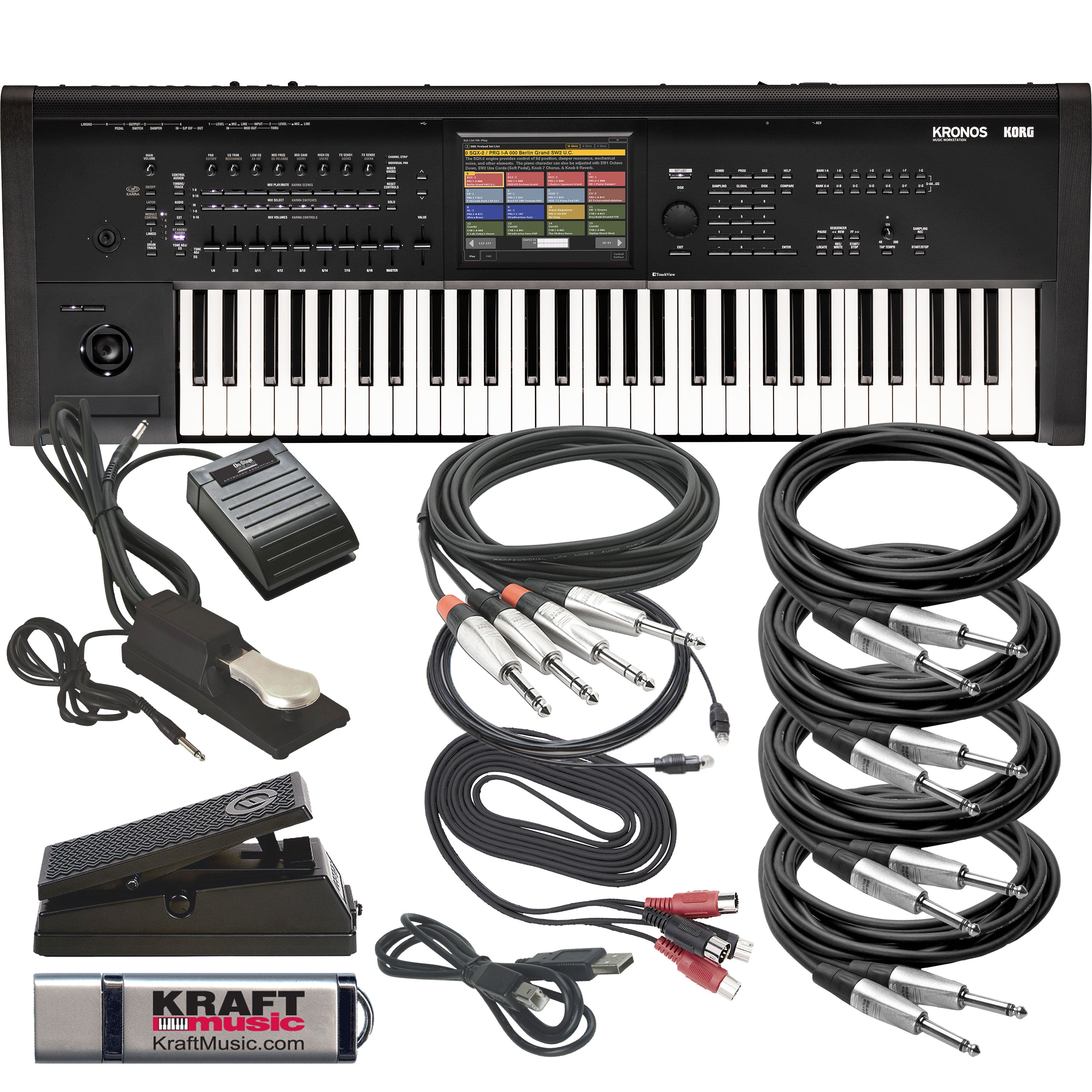 Collage showing components in Korg Kronos 3 61-Key Music Workstation CABLE KIT