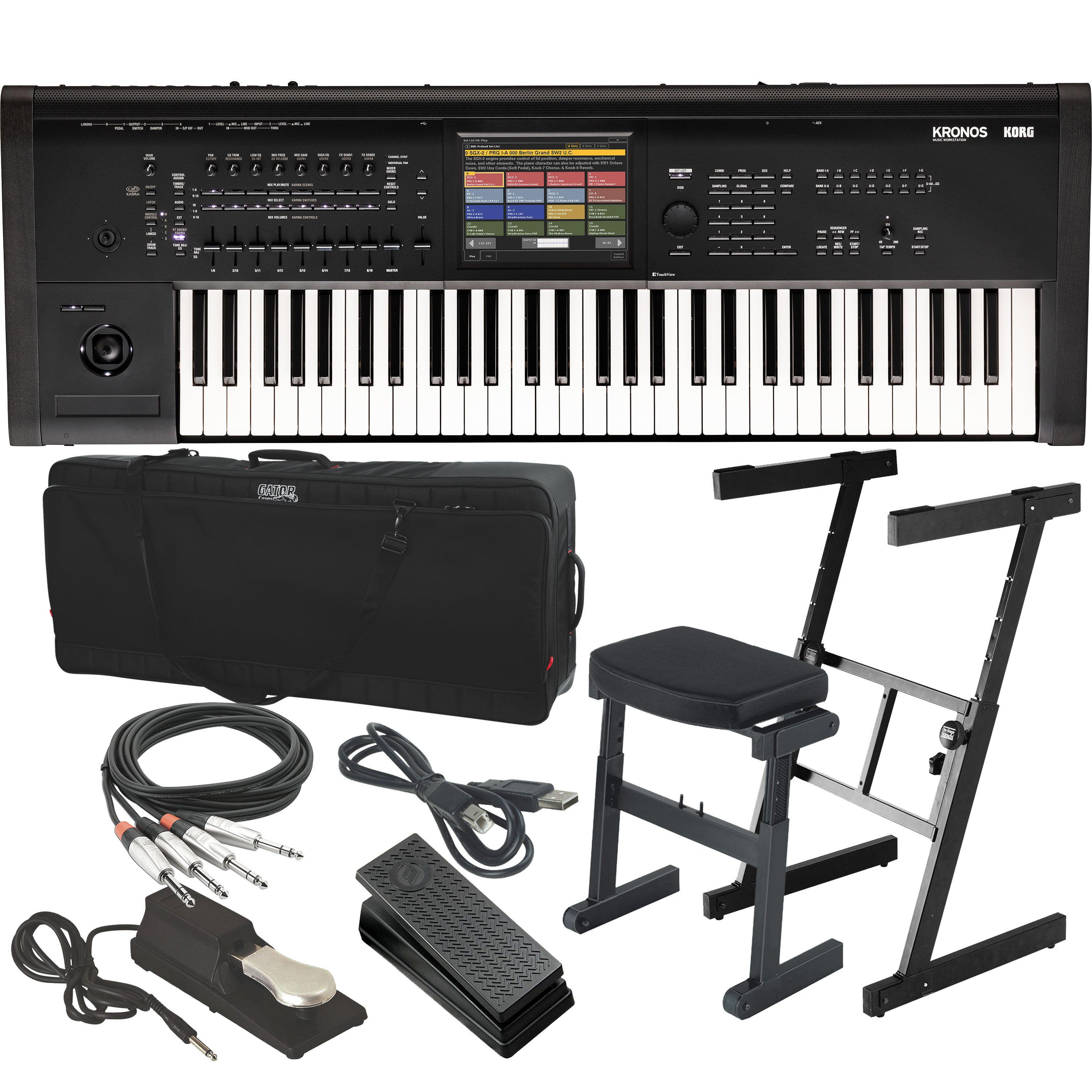 Collage showing components in Korg Kronos 3 61-Key Music Workstation STAGE RIG