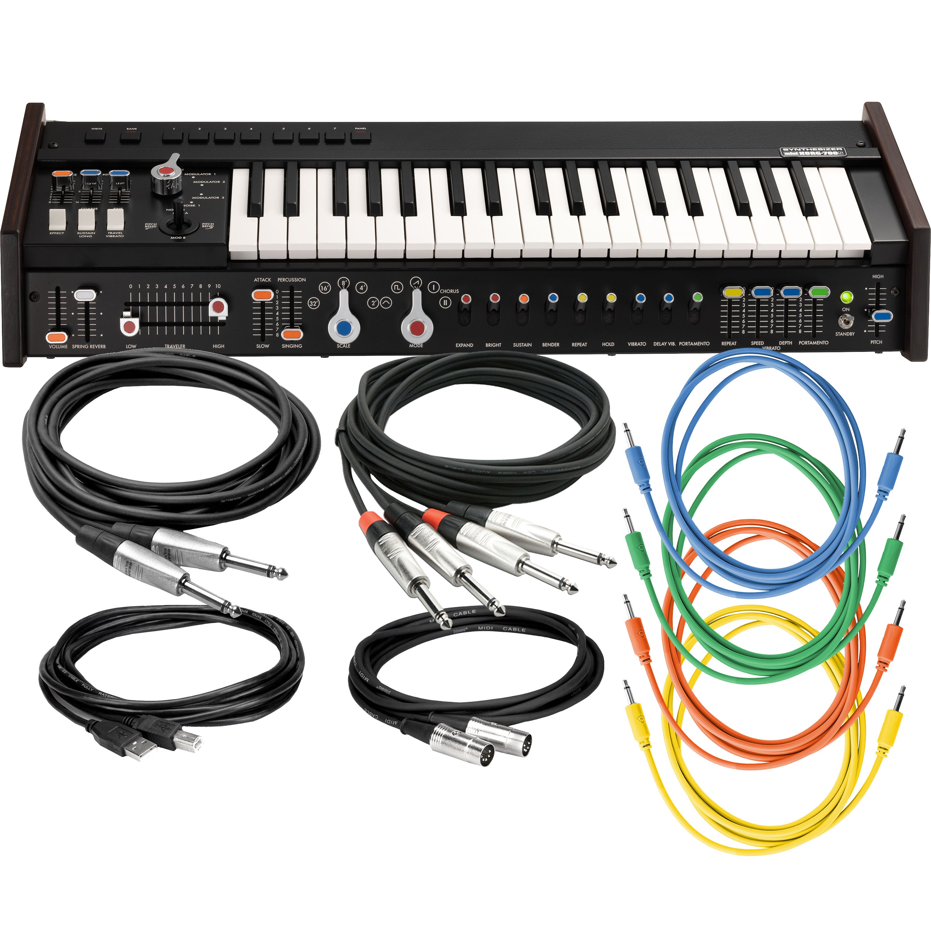 Collage showing components in Korg MiniKorg 700Sm Monophonic Analog Synthesizer CABLE KIT