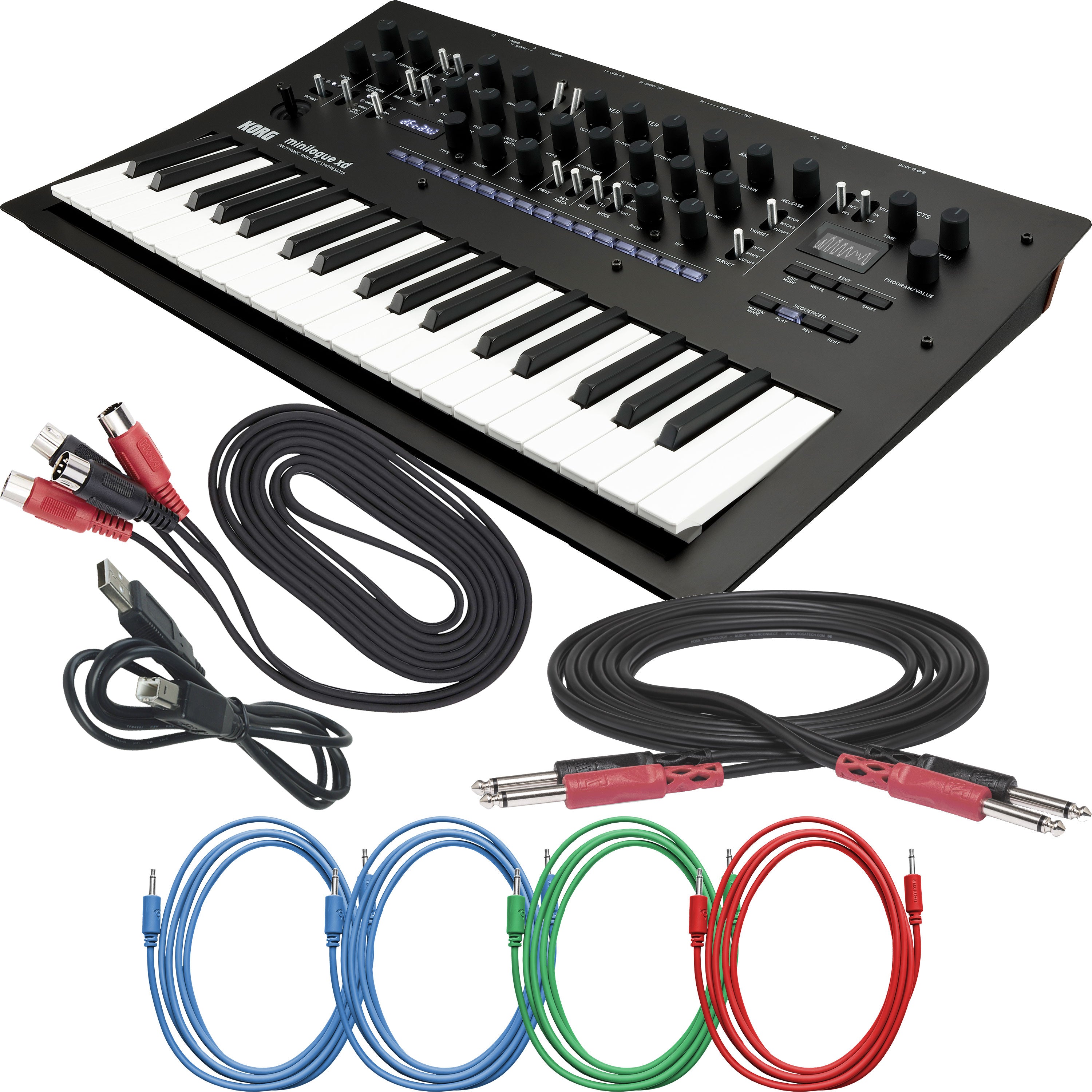 Collage of everything included in the Korg Minilogue XD Polyphonic Analog Synthesizer CABLE KIT