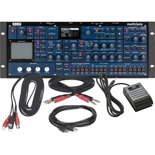 Collage showing components in Korg Multi/Poly Module Analog Modeling Synthesizer CABLE KIT
