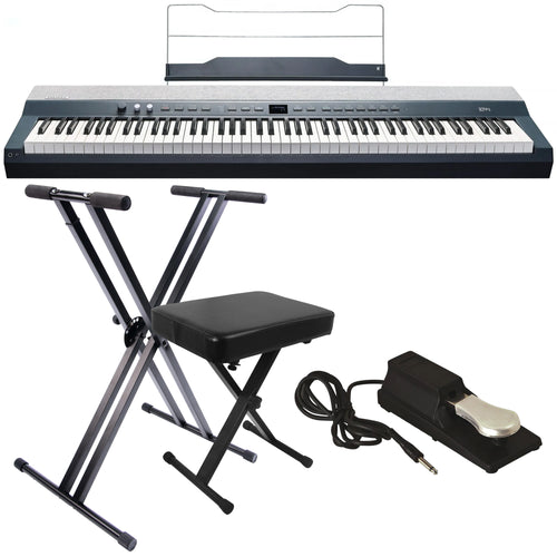 Collage of everything included in the Kurzweil KaP1 Digital Piano - Blue KEY ESSENTIALS BUNDLE