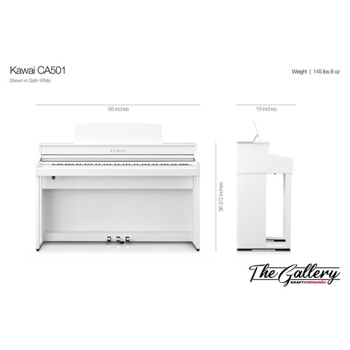 White Kawai CA501 digital piano with dimensions and weight on a white background