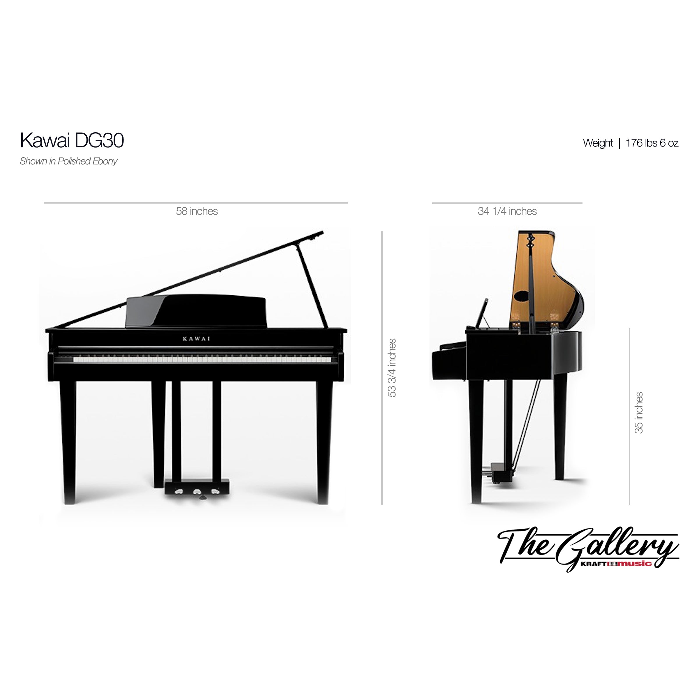 Kawai DG30 Digital Grand Piano - Ebony Polish - Dimensions