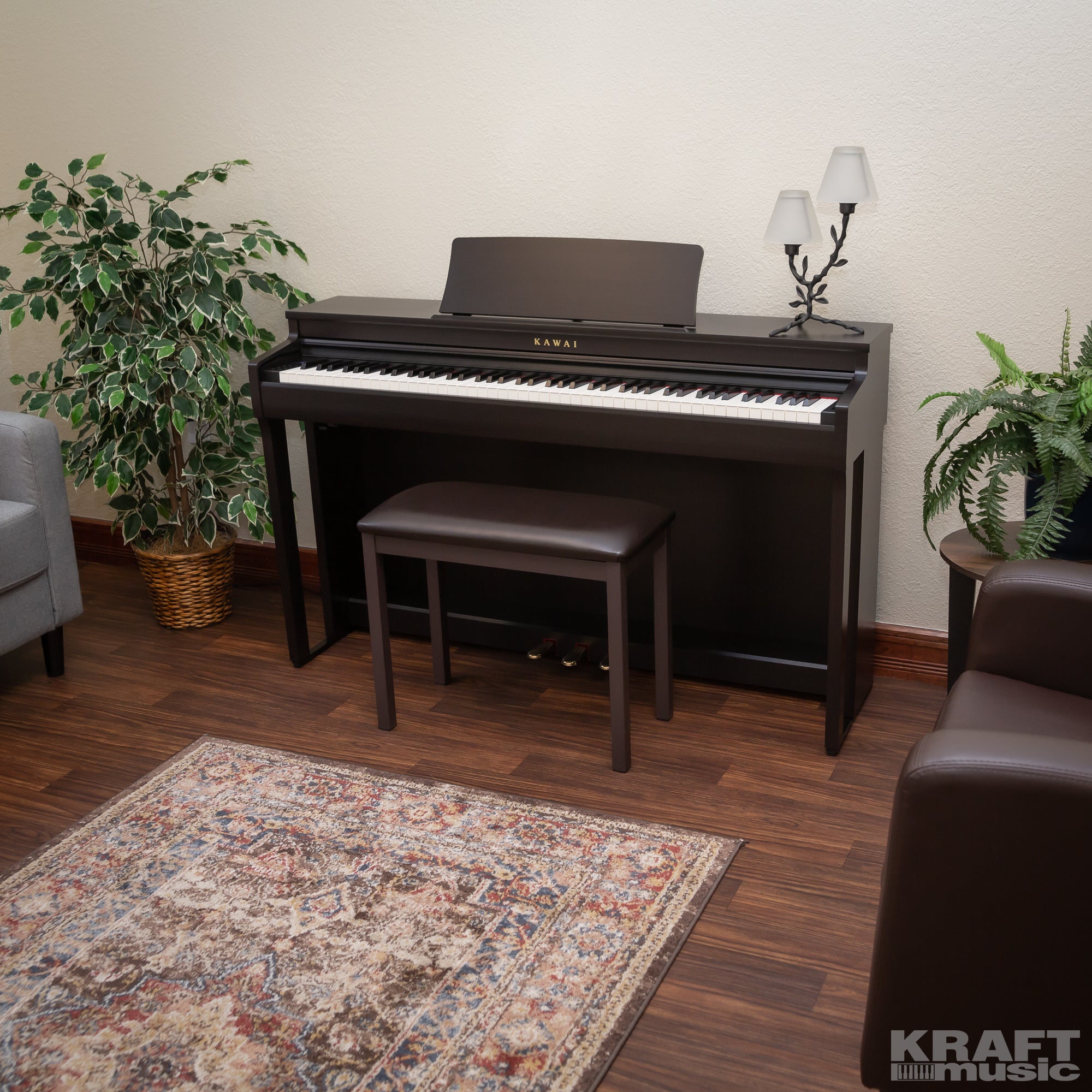 Kawai CN201 Digital Piano - Premium Rosewood - Left angle in a stylish living room