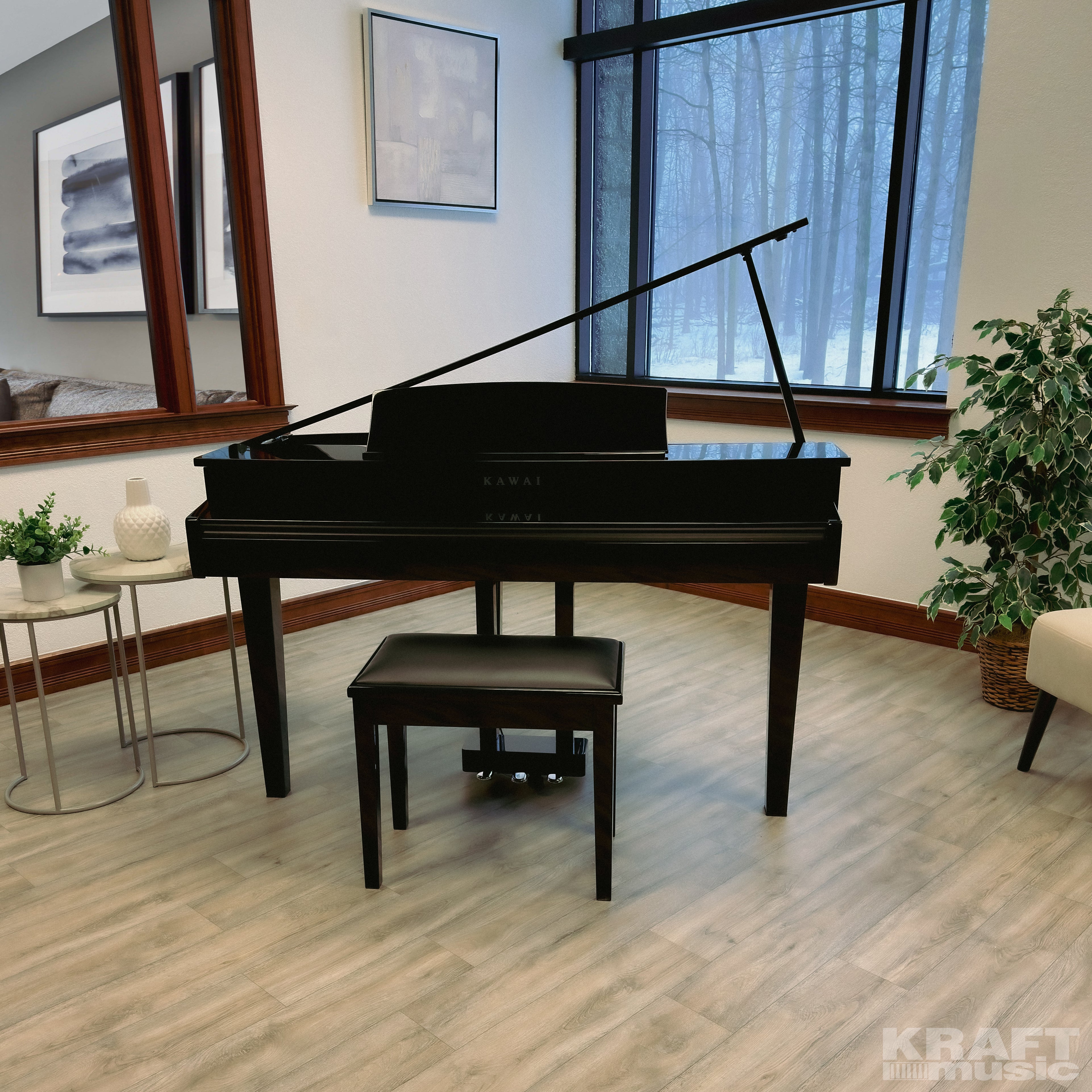 Kawai DG30 Digital Grand Piano - Ebony Polish - in a stylish music room with the key cover closed