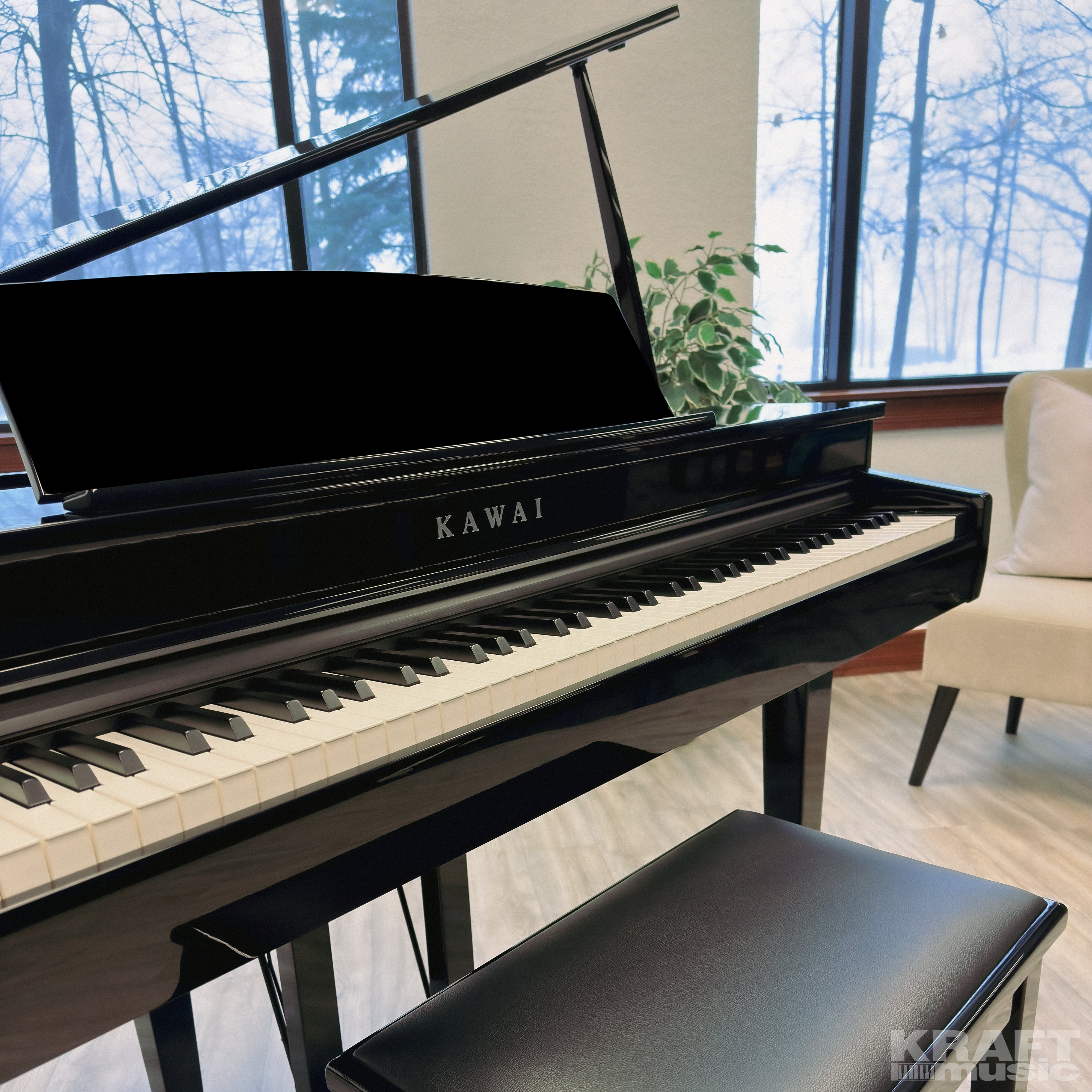 Kawai DG30 Digital Grand Piano - Ebony Polish - in a stylish music room close up of the keys