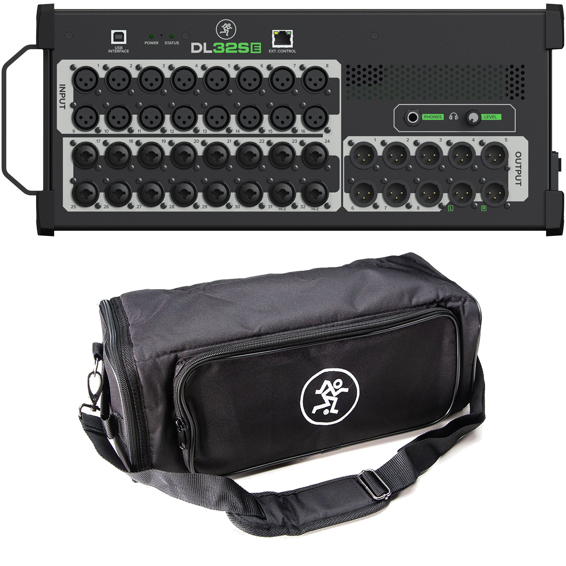 Collage of items included in the Mackie DL32SE 32-channel Digital Rack Mixer CARRY BIG KIT