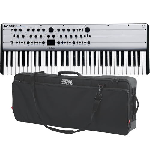 Collage showing components in Modal Electronics Carbon8X 61-Key Experimental Digital Synthesizer CARRY BAG KIT