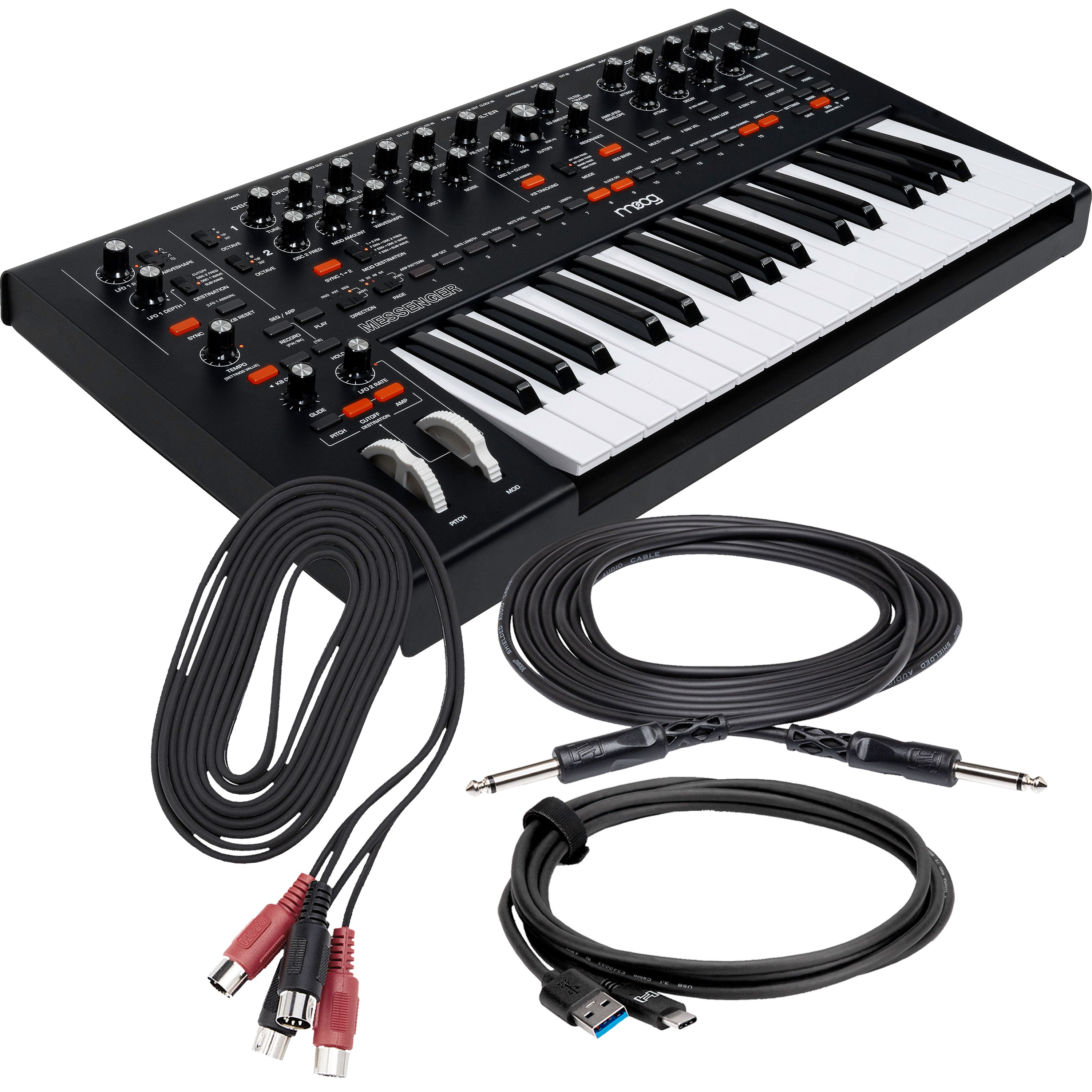 Collage showing components in Moog Messenger Monophonic Analog Synthesizer BASIC CABLE KIT