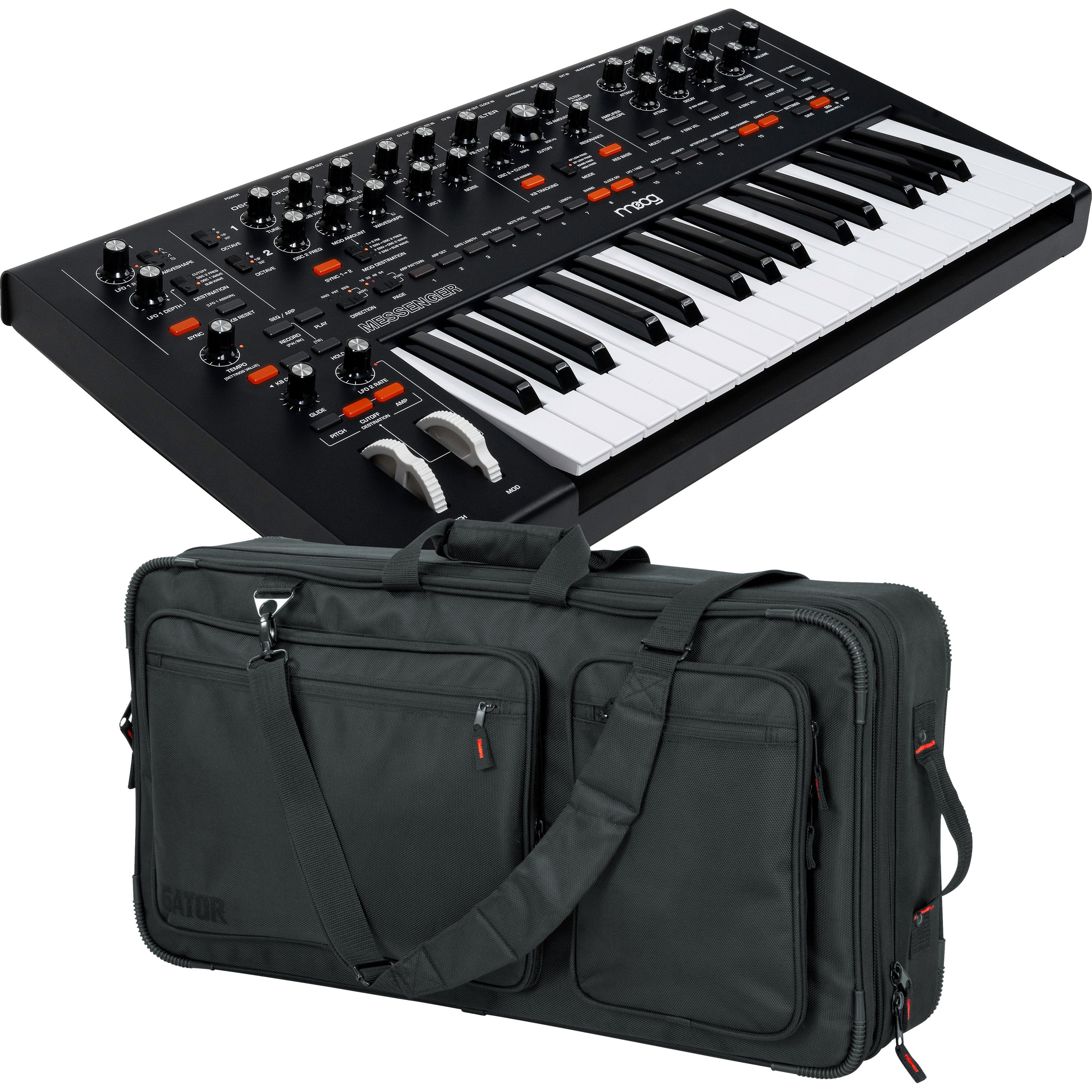 Collage showing components in Moog Messenger Monophonic Analog Synthesizer CARRY BAG KIT