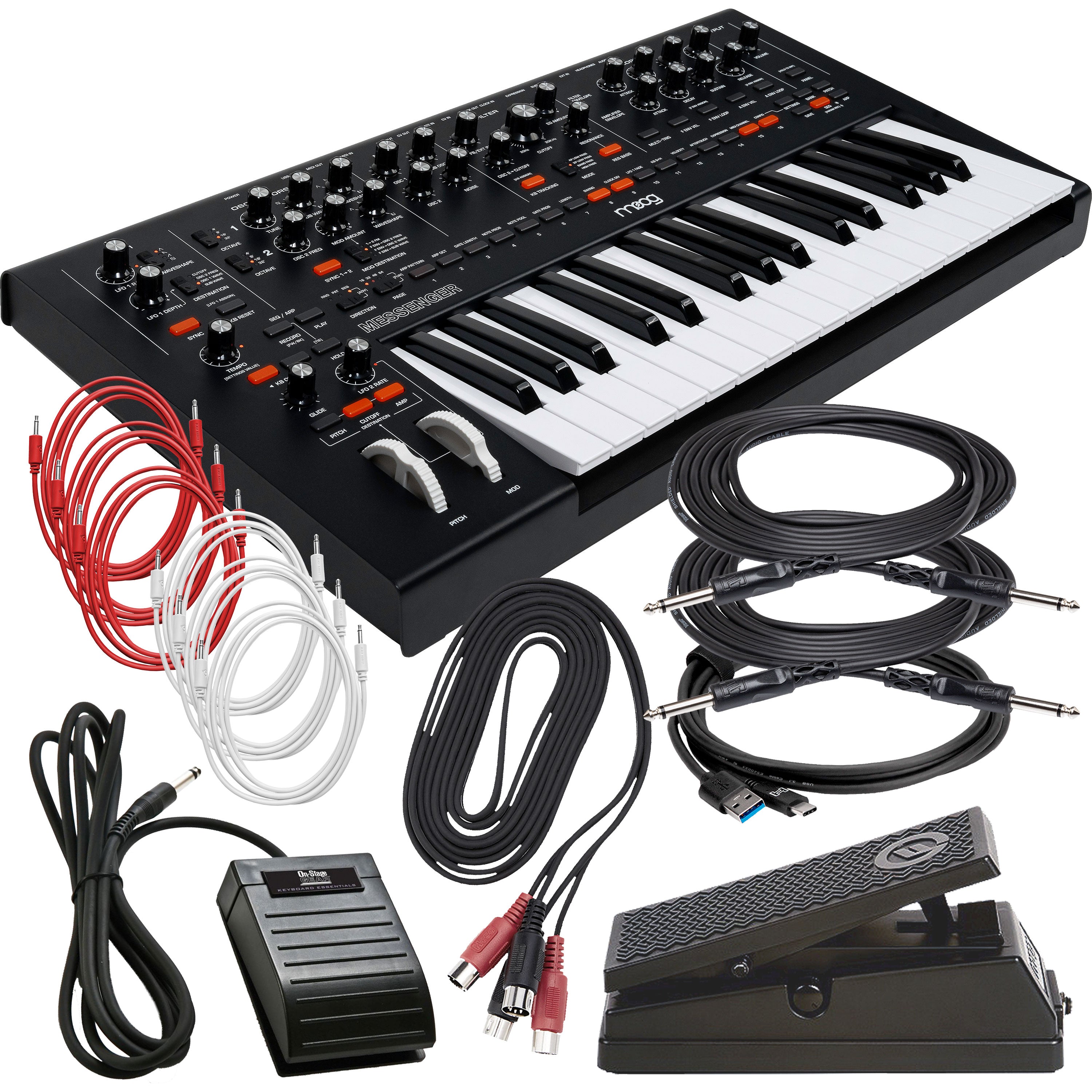 Collage showing components in Moog Messenger Monophonic Analog Synthesizer COMPLETE CABLE KIT