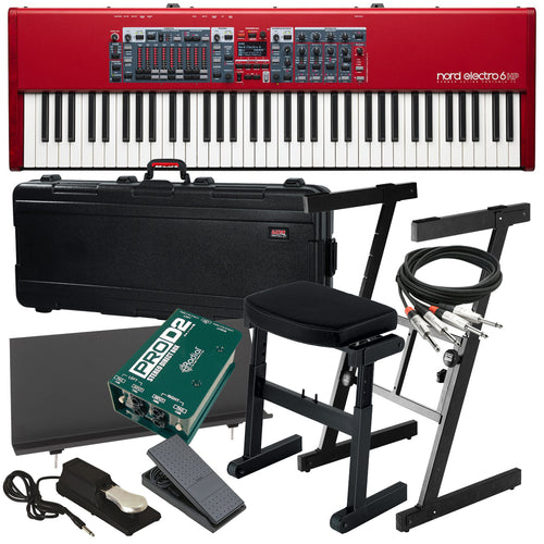 Collage of items included in the Nord Electro 6 HP 73 Stage Keyboard STAGE ESSENTIALS BUNDLE