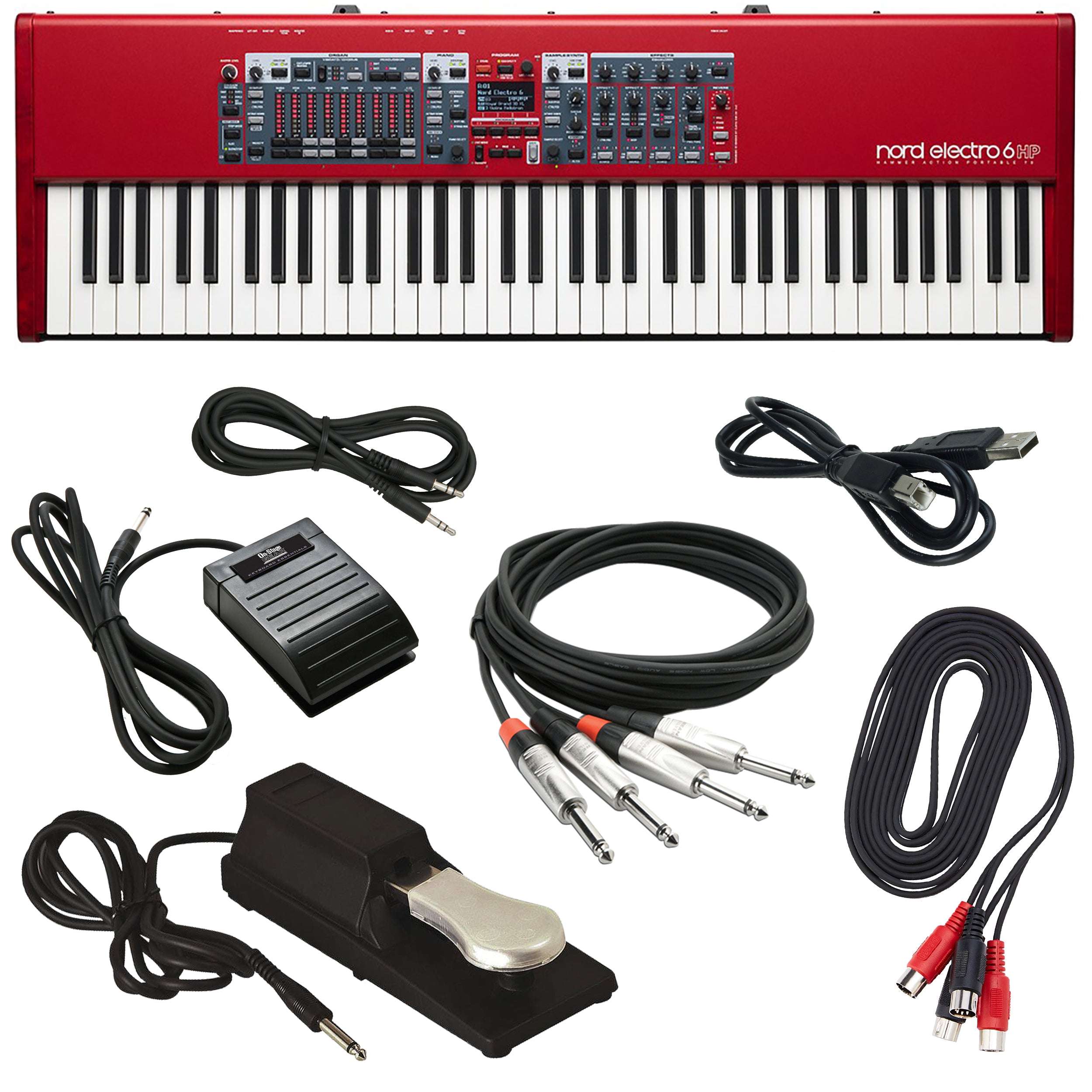 Collage of items included in the Nord Electro 6 HP 73 Stage Keyboard CABLE KIT