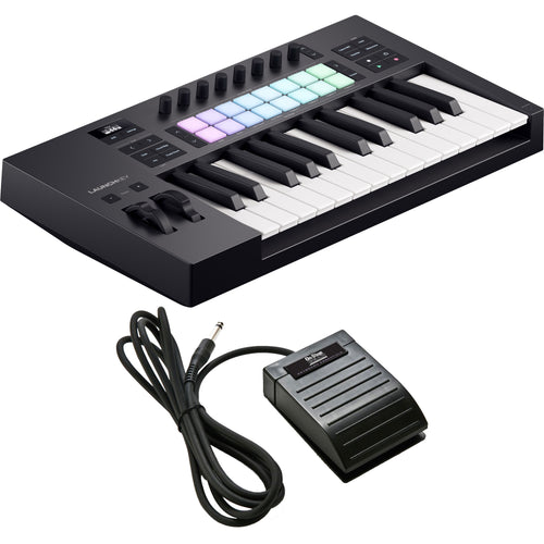 Collage showing components in Novation Launchkey 25 Mk4 Keyboard Controller PEDAL PAK