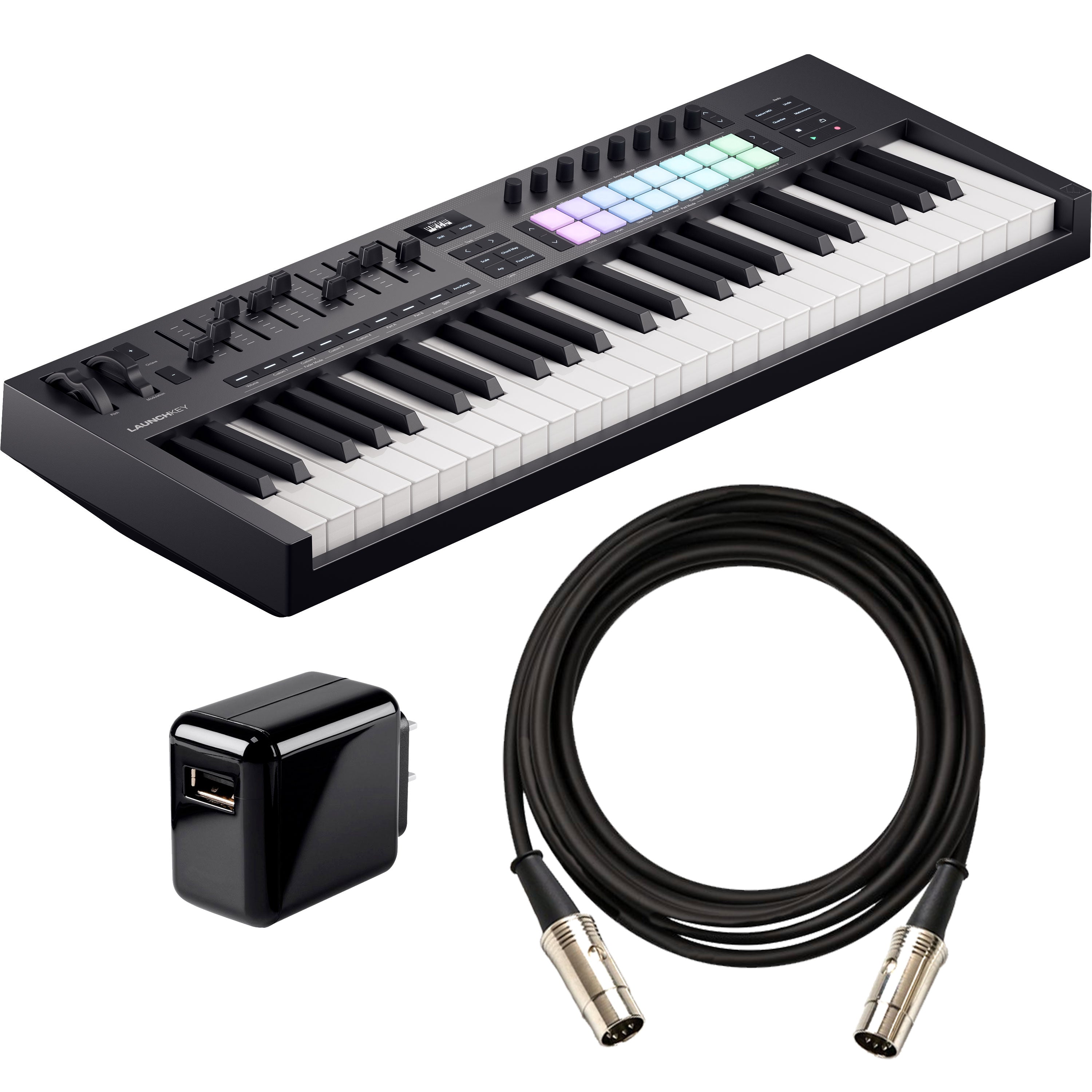 Collage showing components in Novation Launchkey 49 Mk4 Keyboard Controller POWER & CABLE KIT