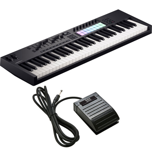 Collage showing components in Novation Launchkey 61 Mk4 Keyboard Controller PEDAL PAK