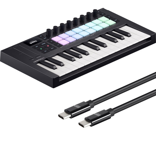 Collage showing components in Novation Launchkey Mini 25 Mk4 Keyboard Controller USB-C CABLE KIT