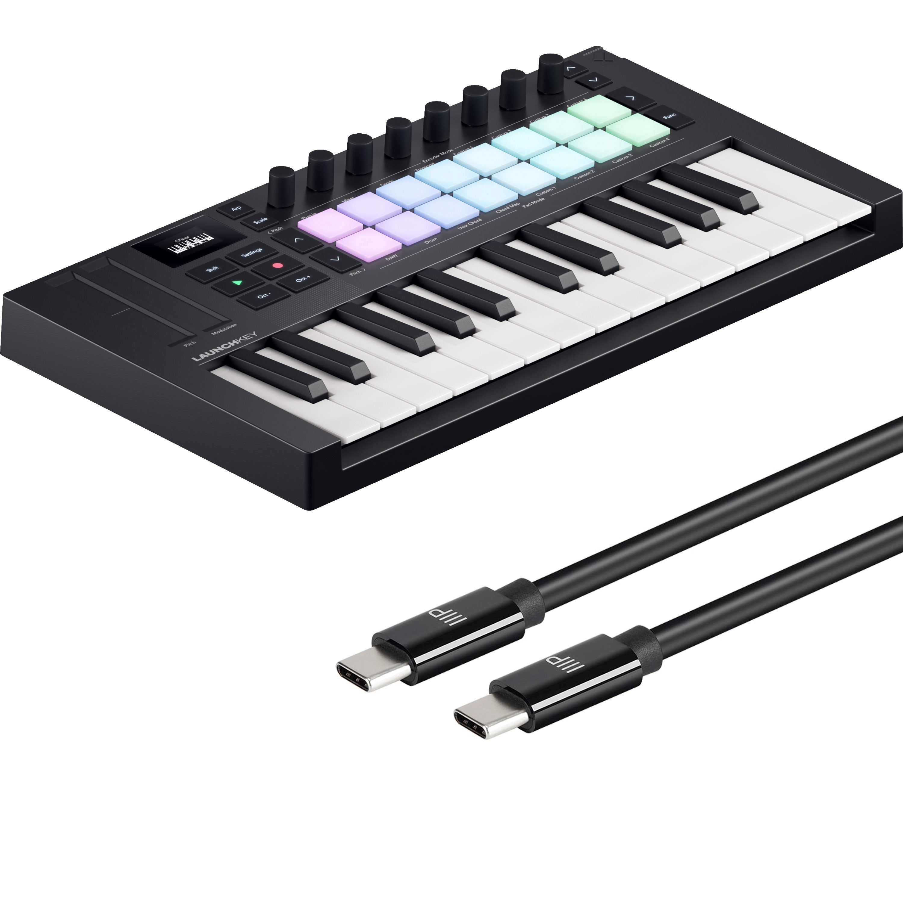 Collage showing components in Novation Launchkey Mini 25 Mk4 Keyboard Controller USB-C CABLE KIT