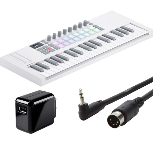 Collage showing components in Novation Launchkey Mini 37 Mk4 Keyboard Controller - White POWER & CABLE KIT